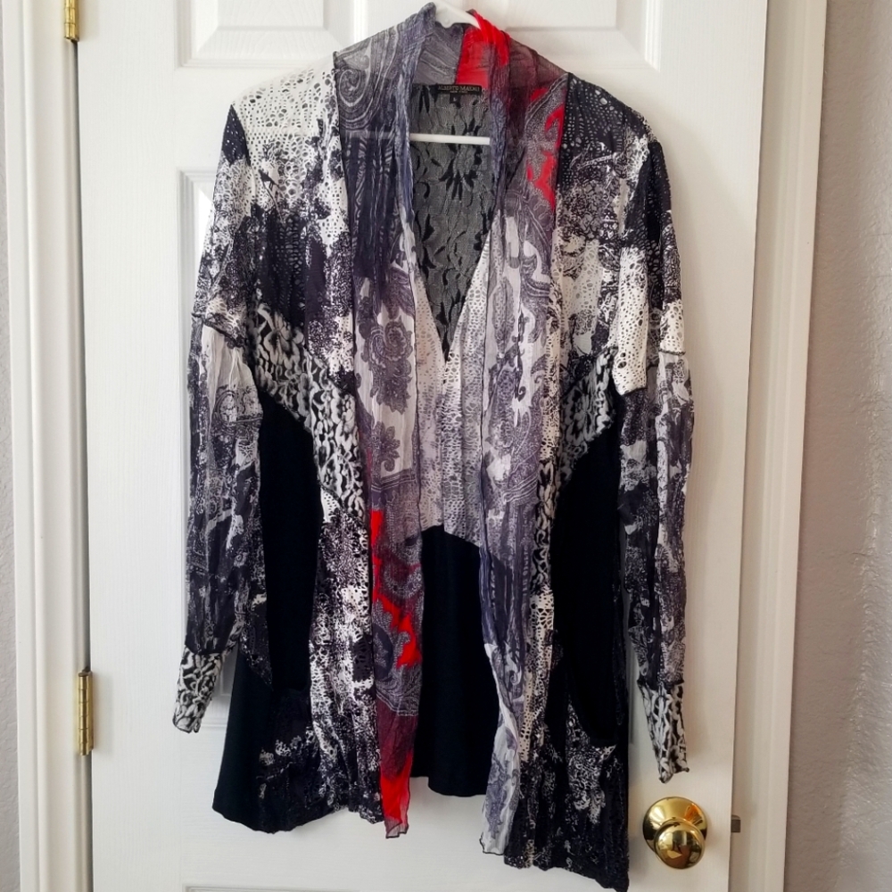 Alberto Makali Womens Sz L Art-to-Wear Lagenlook Crinkled Wrap Lace Shirt Boho